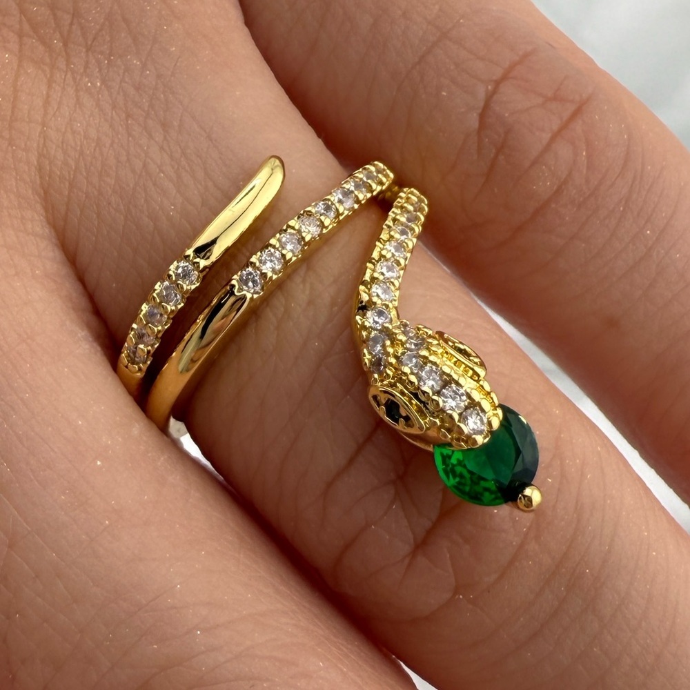 Gold Snake Ring with Green Stone and Pavé Crystals